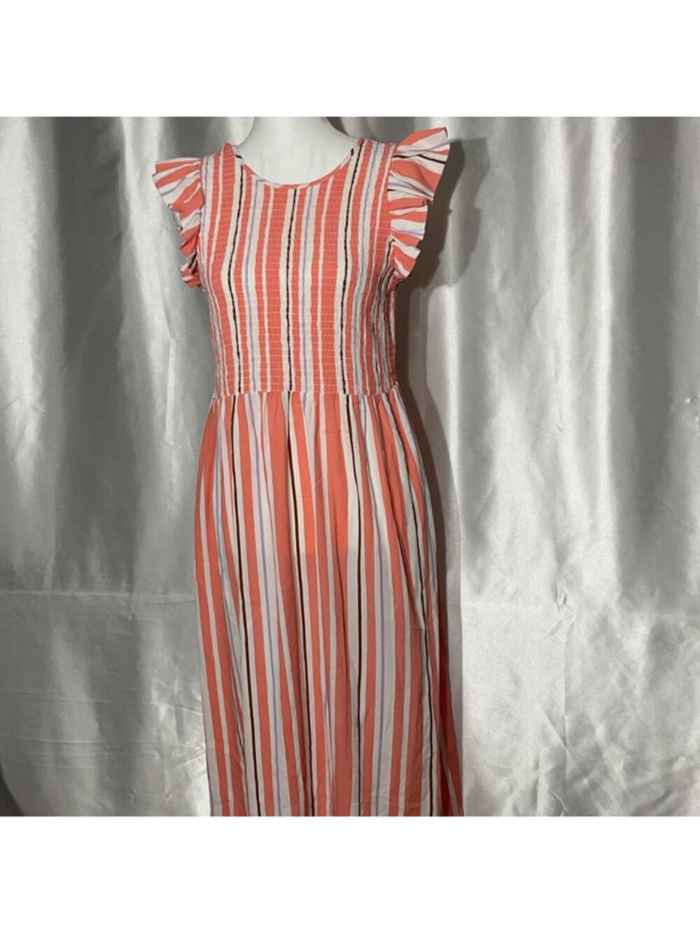 A new day Striped Coral & White Midi Dress size M With Ruffle Sleeves Smocked - Picture 3 of 11